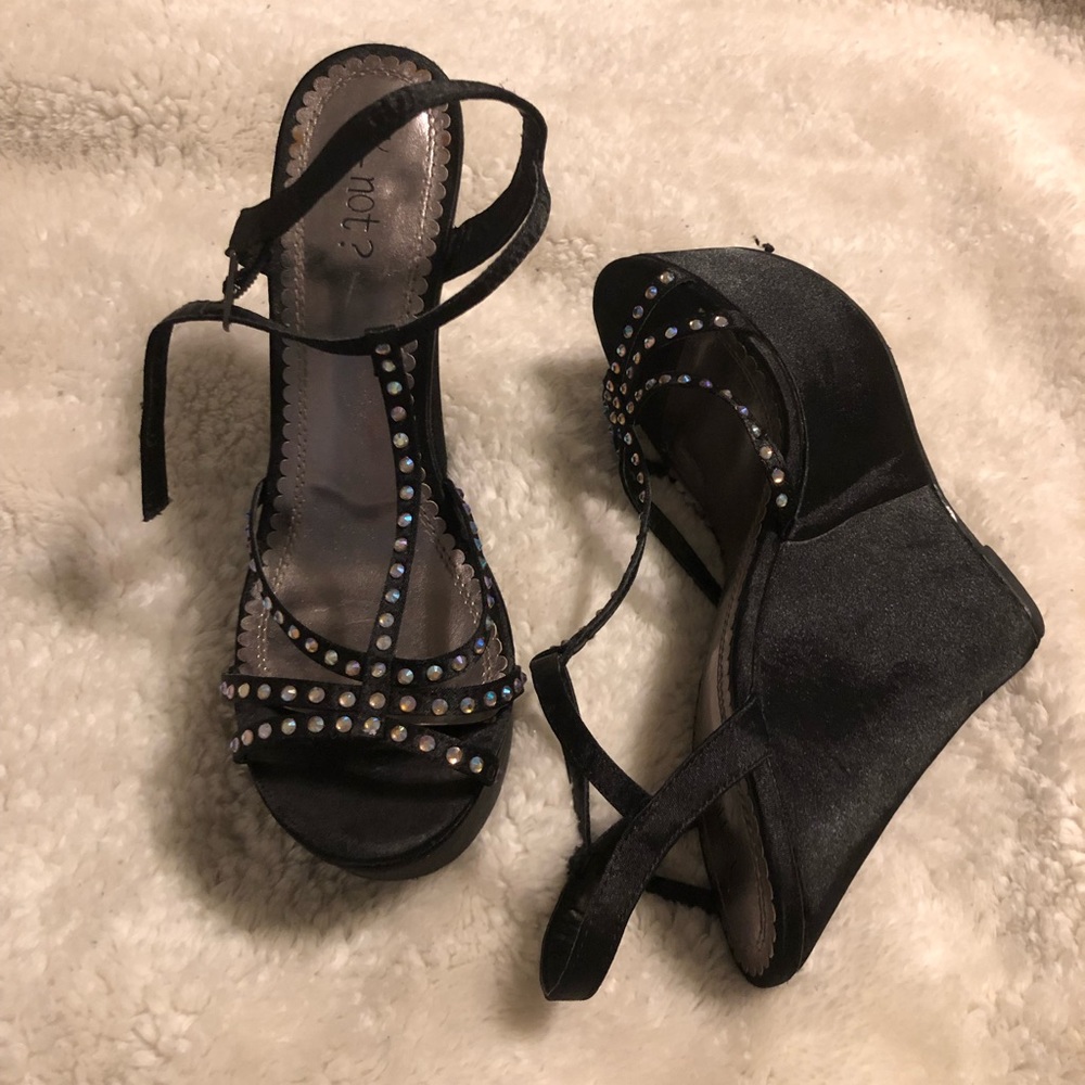 sexy black strappy satin wedges with rhinestones.